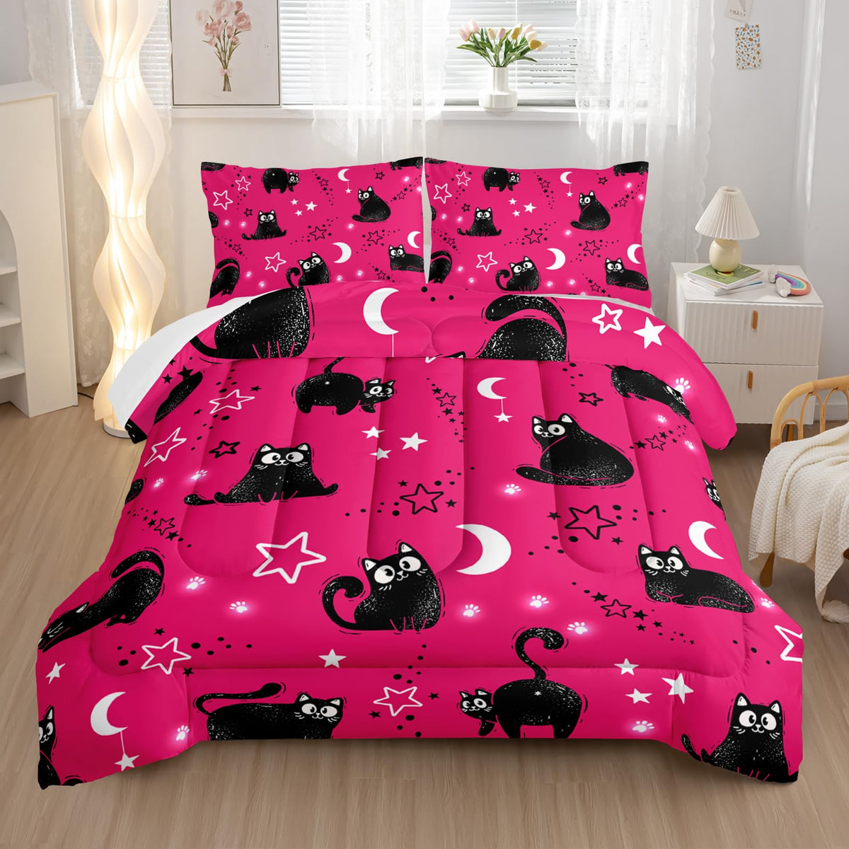 Nttopship Pink Cartoon Cat Comforter Twin Size,Black Cats Moon Night Starry Sky Quilt Set for Girls Boys Teens Animals Print Room Decor Soft Microfiber Comforter and 2 Pillowcases