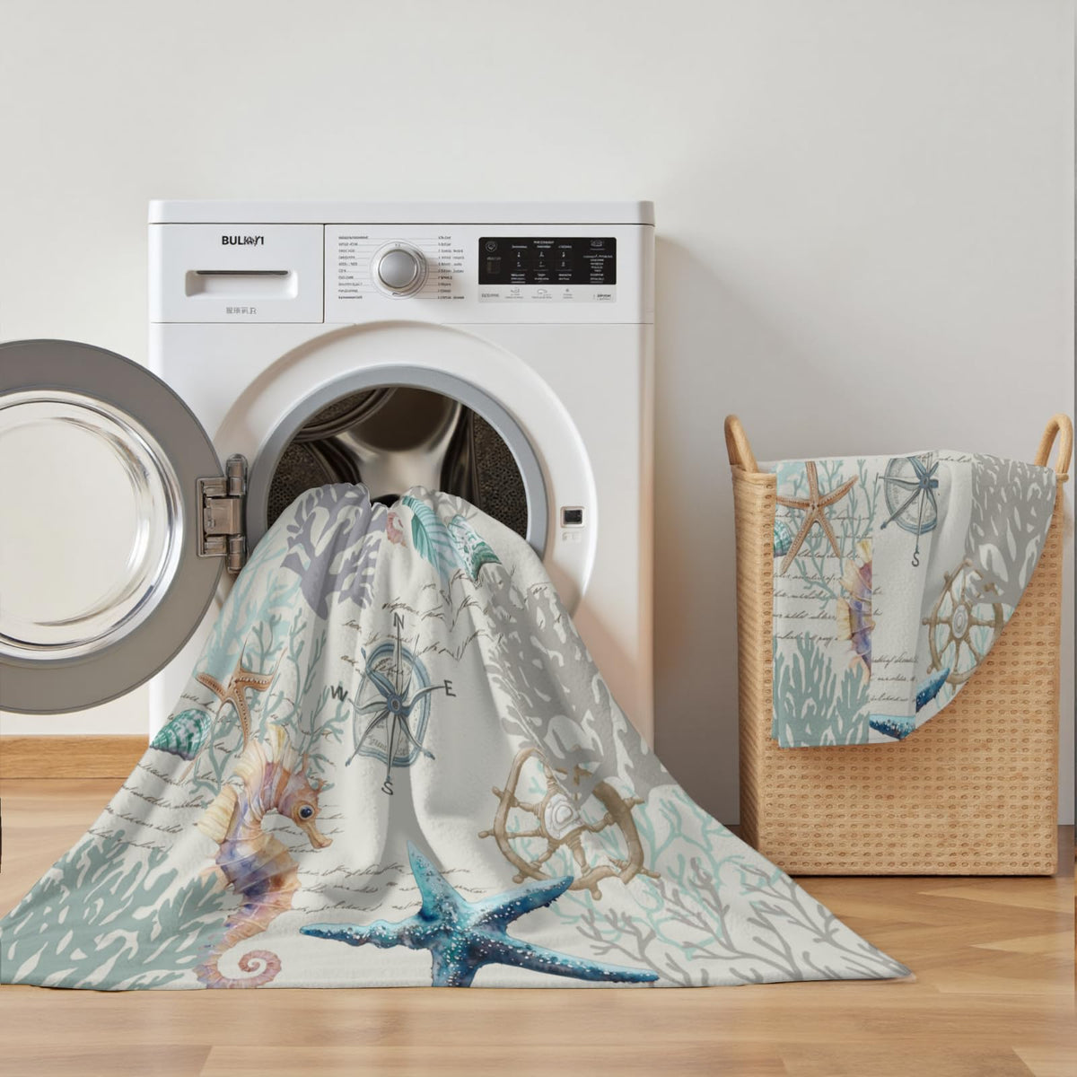 Nautical Coastal Blanket - Starfish Coral Seashell Compass Throw Blankets for Couch Chair Decor, Teal Blue Ocean Themed Lightweight Soft Fuzzy Cozy for Sofa Bed Room 50 x 60 Inch
