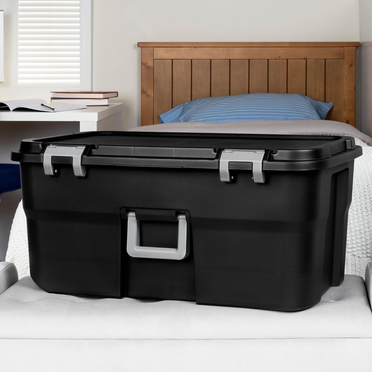 Sterilite 4 Pack Wheeled Footlocker, 22 Gallon Plastic Storage Container with Latching Lid and Handles, Black - Large Stackable Bin Home Organizer