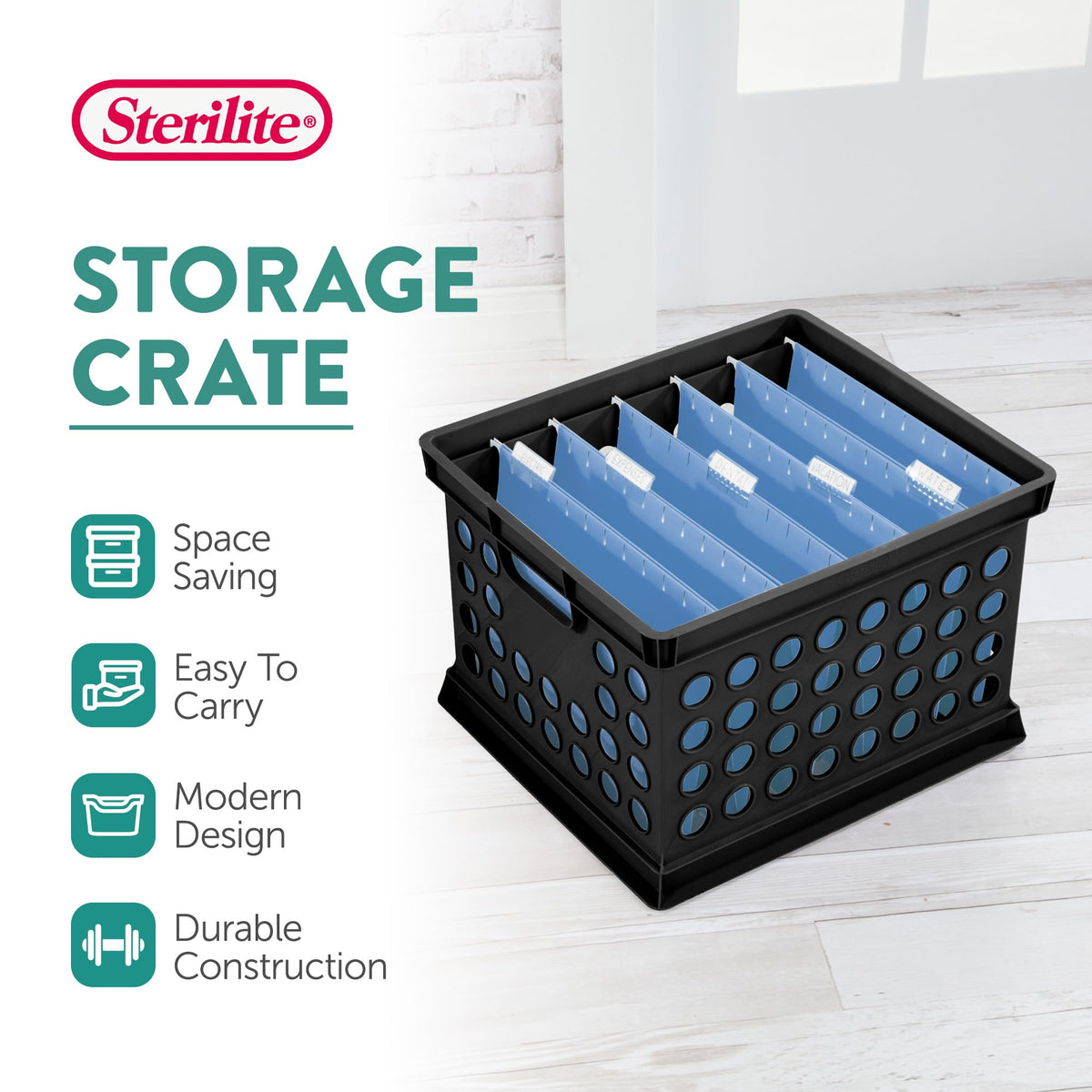 Sterilite Stackable Plastic Storage Crate Bin Organizer File Box with Handles for Home, Office, Dorm, Garage, or Utility Organization, Black, 18-Pack
