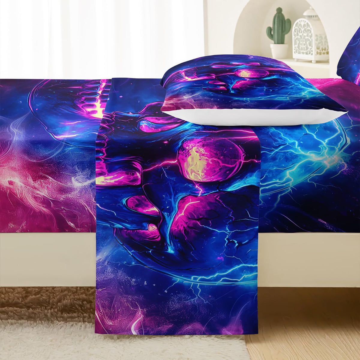 QOOMO Skull Kids Sheets Full Size,Human Skeleton 16" Deep Pocket Bed Sheet Set,Galaxy Printed Bedroom Decor Bedding Set Soft and Breathable for Boys/Girls/Kids/Teens