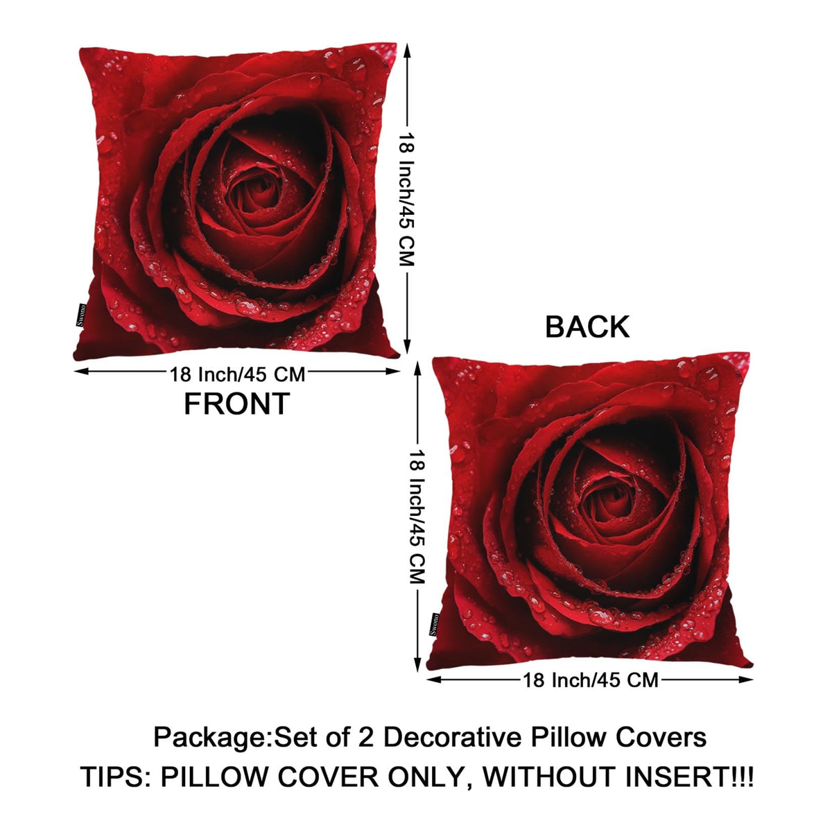Swono Rose Pack of 2 Decorative Throw Pillow Covers Cushion Covers, Blossom Rose Water Drops Couch Pillow Case Boho Cushion Pillowcase for Bedroom Sofa Living Room 18X18 Inches, Red Rose Petals