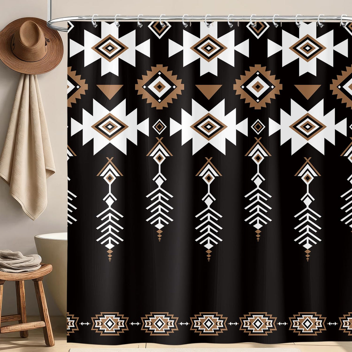 Aeivice Black Western Aztec Shower Curtain, Vintage Abstract Geometric Cowboy Shower Curtains Set, Boho Southwestern Tribal Native Neutral Fabric Shower Curtains for Bathroom with Hooks 72X72IN Brown