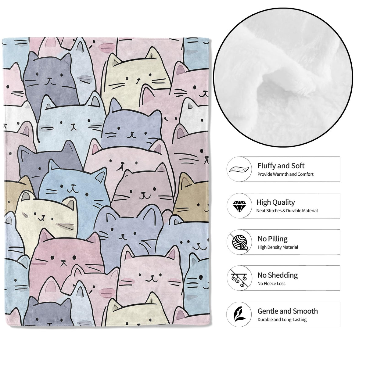 MIEPOS Cute Pastel Cat Face Throw Blanket, 50x60in, Soft, Lightweight Flannel,Kawaii Cartoon Cats in Pink, Blue, Cream and Lilac Blankets, Gifts for Women, for Home Living Room Decor