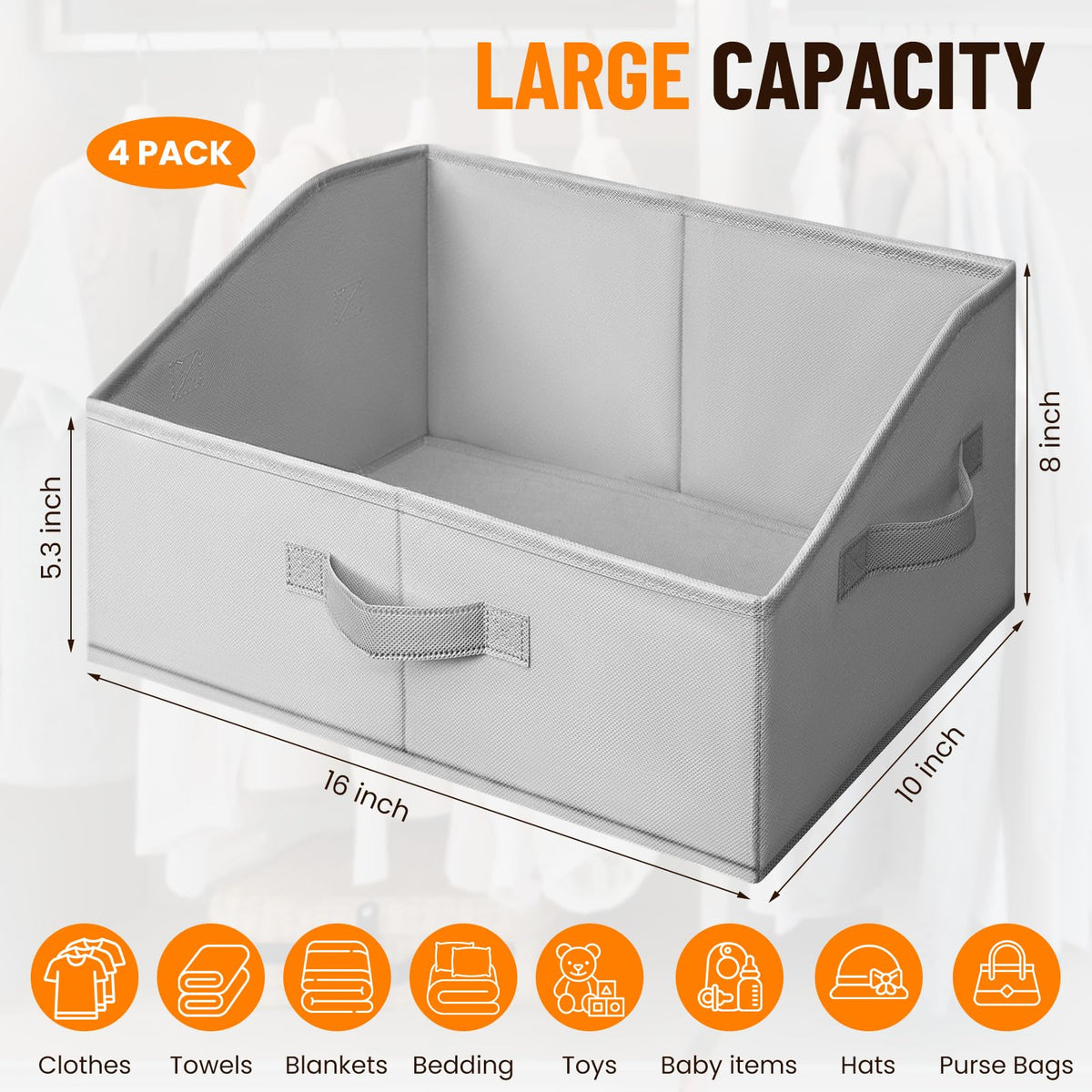 Criusia Closet Organizers Bins 4 Pack - Large Collapsible Shelf Organizer with Handles - Fabric Trapezoid Home Organization and Storage Baskets for Organizing Clothes Toy Blanket Towel Purse Hats