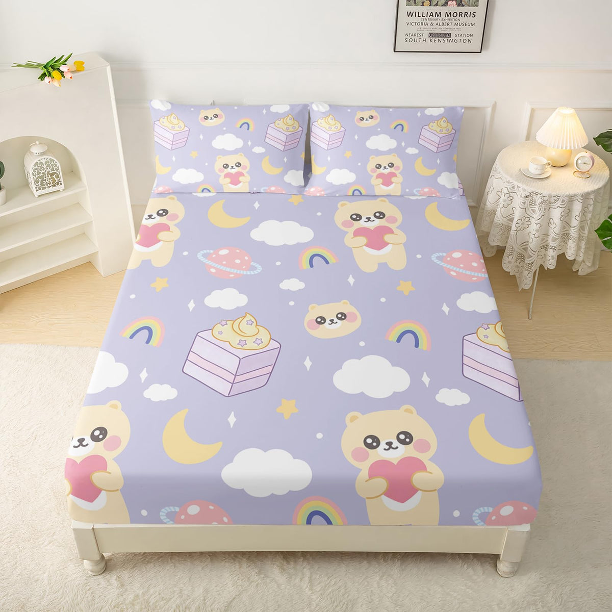 QOOMO Kawaii Kids Sheets Twin Size,Kawaii Bear 16" Deep Pocket Bed Sheet Set,Milk Printed Bedroom Decor Sheet Set Soft and Breathable for Girls/Kids/Teens,Twin Size