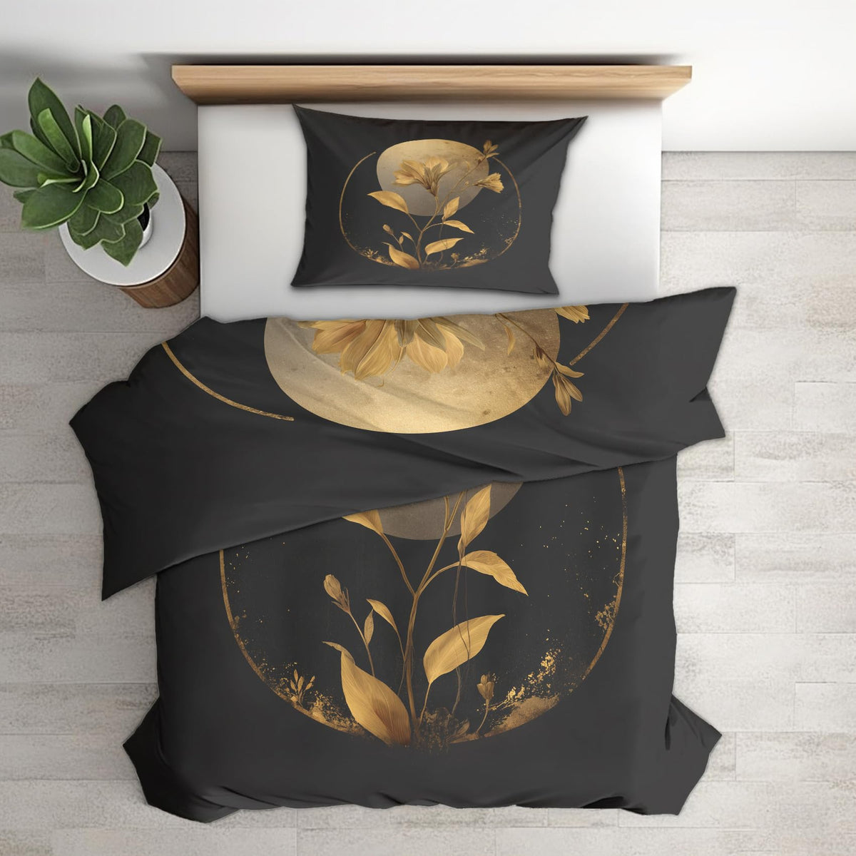 Golden Floral Moon Full Duvet Cover Set 3 Piece, Black Flower Reversible Bedding with 2 Pillow Shams, Zipper & Ties, Ultra Soft Microfiber, Floral Bedroom Decorations 69A-R