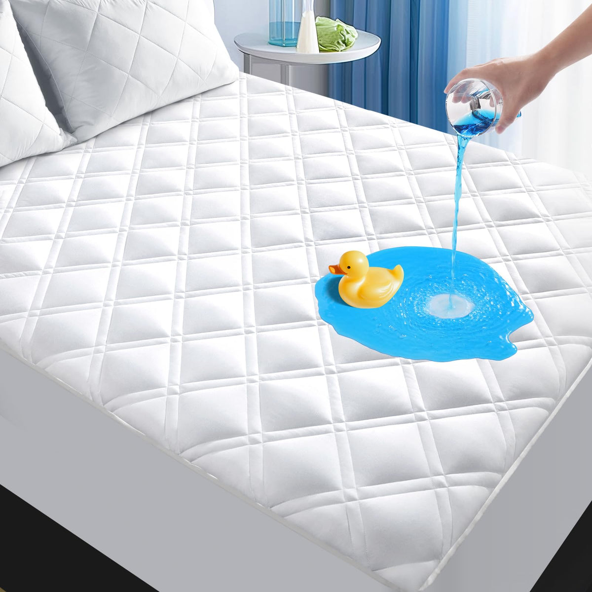 MEELUS Padded Full Mattress Protector, Breathable Waterproof Mattress Pad Cover Fitted Deep Pocket 8"-21", Soft Noiseless Mattress Cover Washable Cooling for Home Hotel Bedroom, White