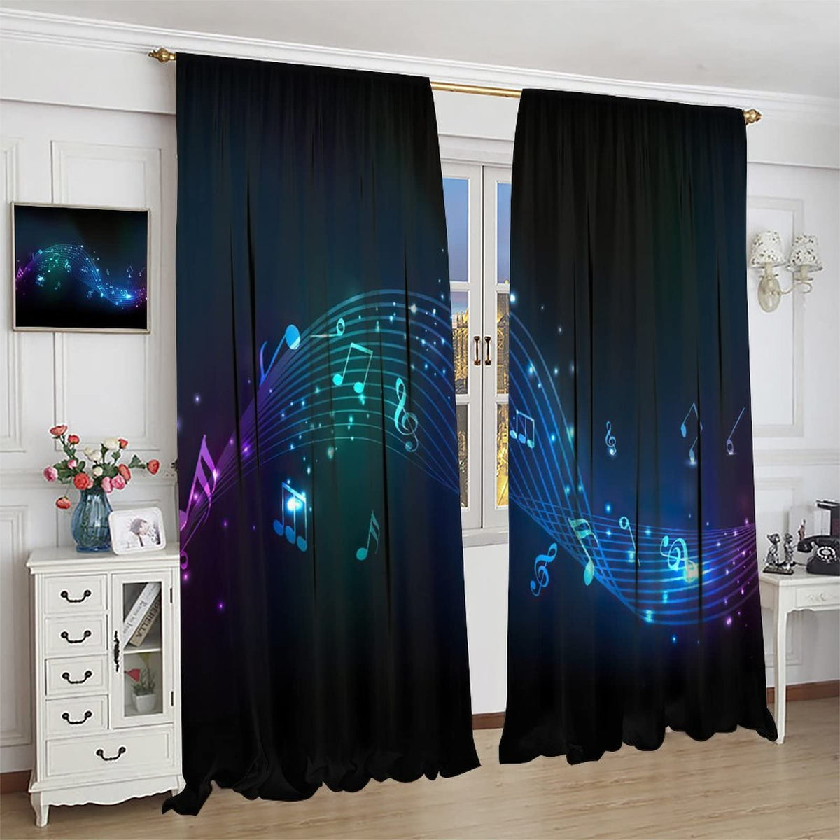 Music Blackout Curtains,Colorful Shiny Music Note Room Darkening Door Window Rod Pocket Curtain for Living Room Bedroom W42xL45in