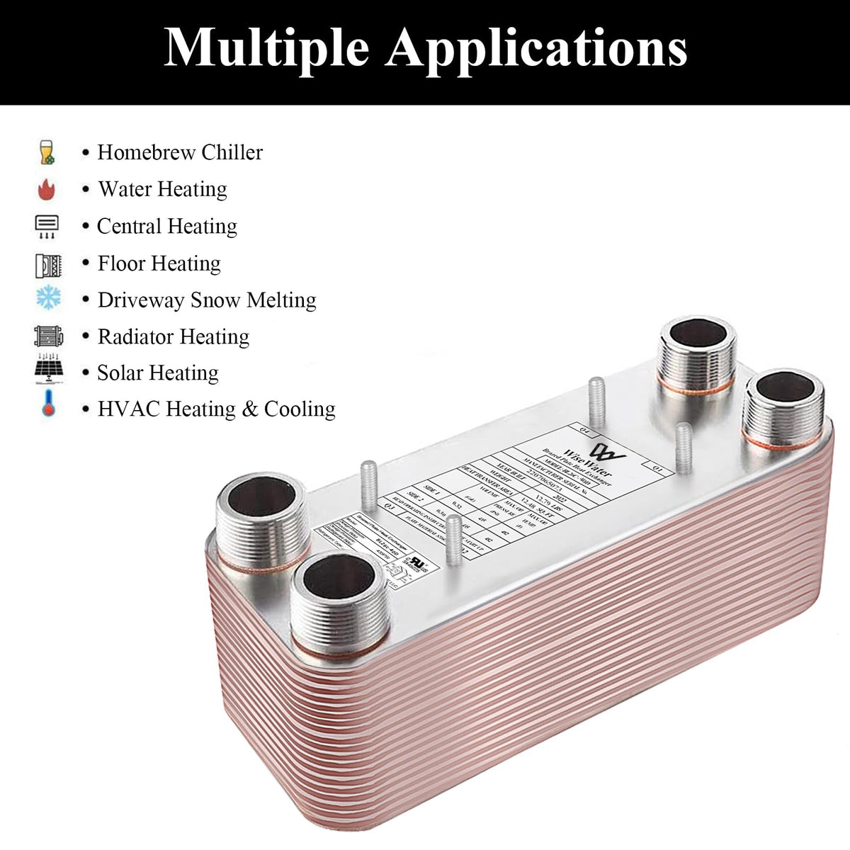 Brazed Plate Heat Exchanger Stainless Steel SS316L 5"x12" 20 Plates 1 1/4" MPT 330,000 BTU/hr Hydronic Heating