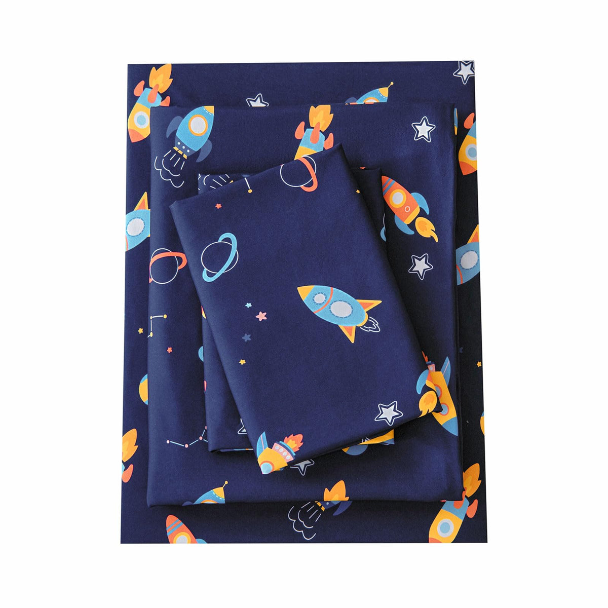 Swiftify Full Size Sheet Set for Kids Boys, 4-Piece Bed Sheet Set for Teens Boys Girls, Cartoon Printed Bedding Set, Microfiber Deep Pocket, Wrinkle & Fade Resistant, Space Rocket