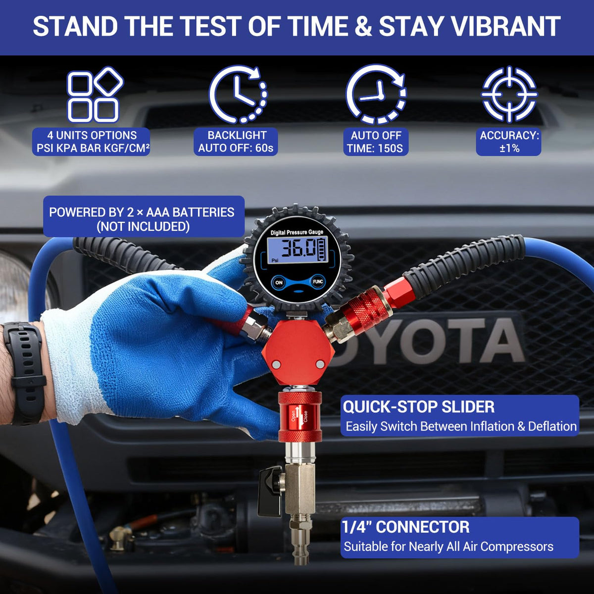 FACFUEL 4 Tire Inflation System, Fits Up to 200" Wheelbase, Rapid High Flow 4 Way Tire Inflator with Hard Case, Lock-On Air Chucks Manifold, Digital Gauge, Portable Off Road Tire Deflator