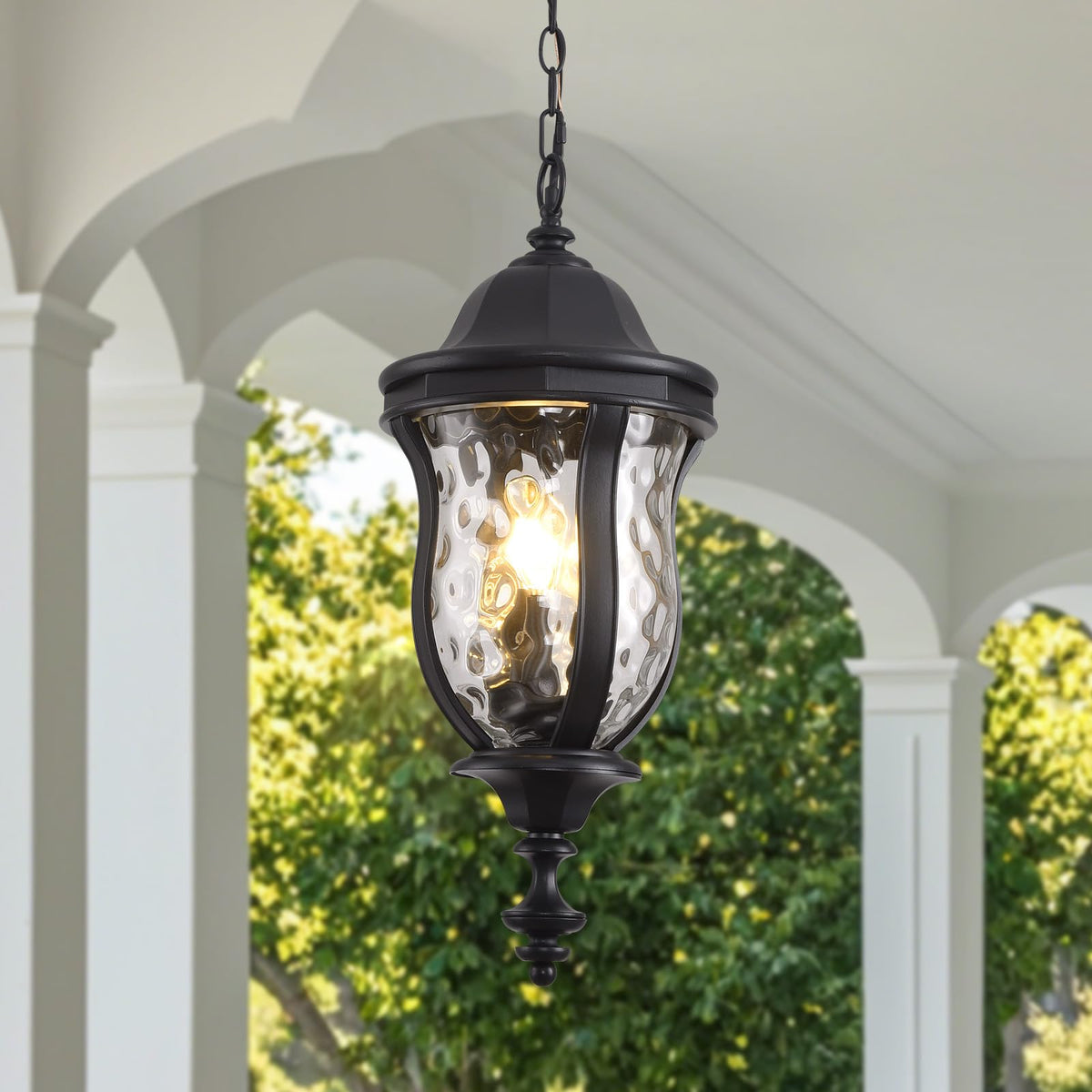 Smeike Large Outdoor Pendant Light Fixtures, 23.6'' Exterior Hanging Lantern Porch Light Adjustable, Black Hanging Lamp Farmhouse Exterior Chandelier Ceiling Mount for Entrance Patio