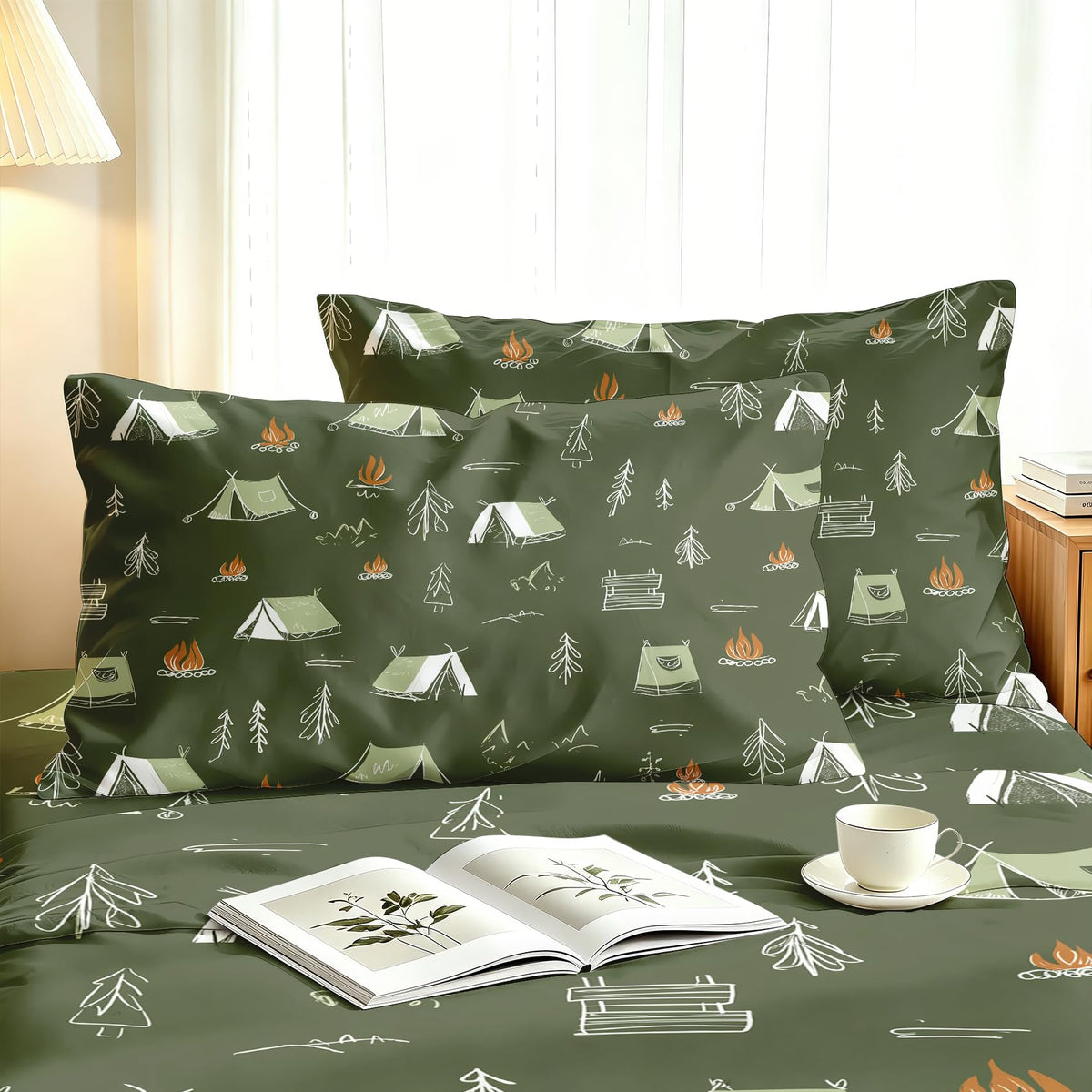 Camping Tent Twin Sheet Set Kids Flat Fitted Sheet Sets, Green