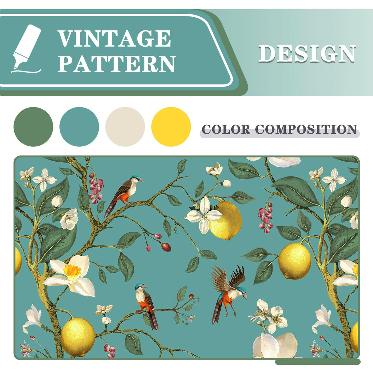 MYSKY HOME Floral Blackout Curtains 84 inch Long for Living Room Vintage Mid Century Style Lemon Hummingbird Patterned Room Darkening Privacy Drapes Grommet Living Dining Room, 2 Pcs, 52"W, Deep Green