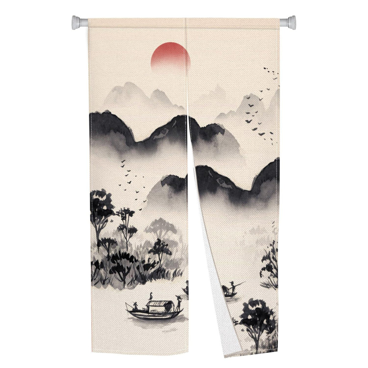 Leowefowa Chinese Ink Painting Doorway Curtain Mountain Boat Door Trapestry Feng Shui Window Treatment Hanging Japanese Noren Bedroom Divider Kitchen Door Asian Home Decor, 33.5"x 70.9"