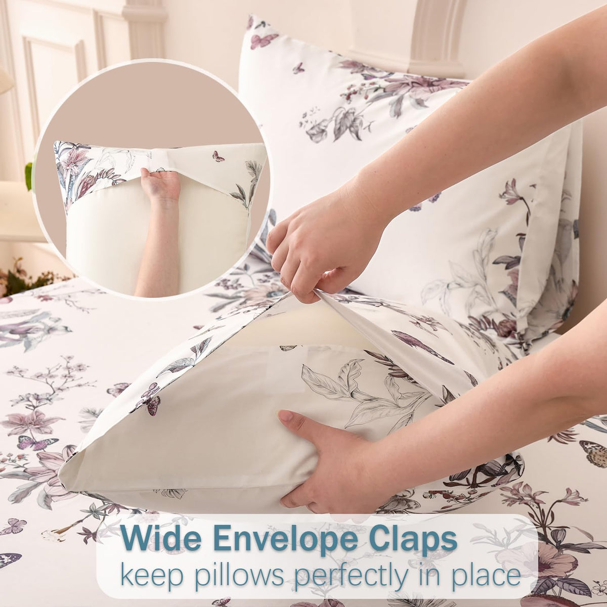 Huborise King Size Sheet Set Dusty Rose Floral Bed Sheets 100% Cotton 4Pcs, Light Pink Flower & Butterfly Printed Bed Set with Deep Pocket 17.5", Soft Breathable & Crisp, Luxury French Country Style