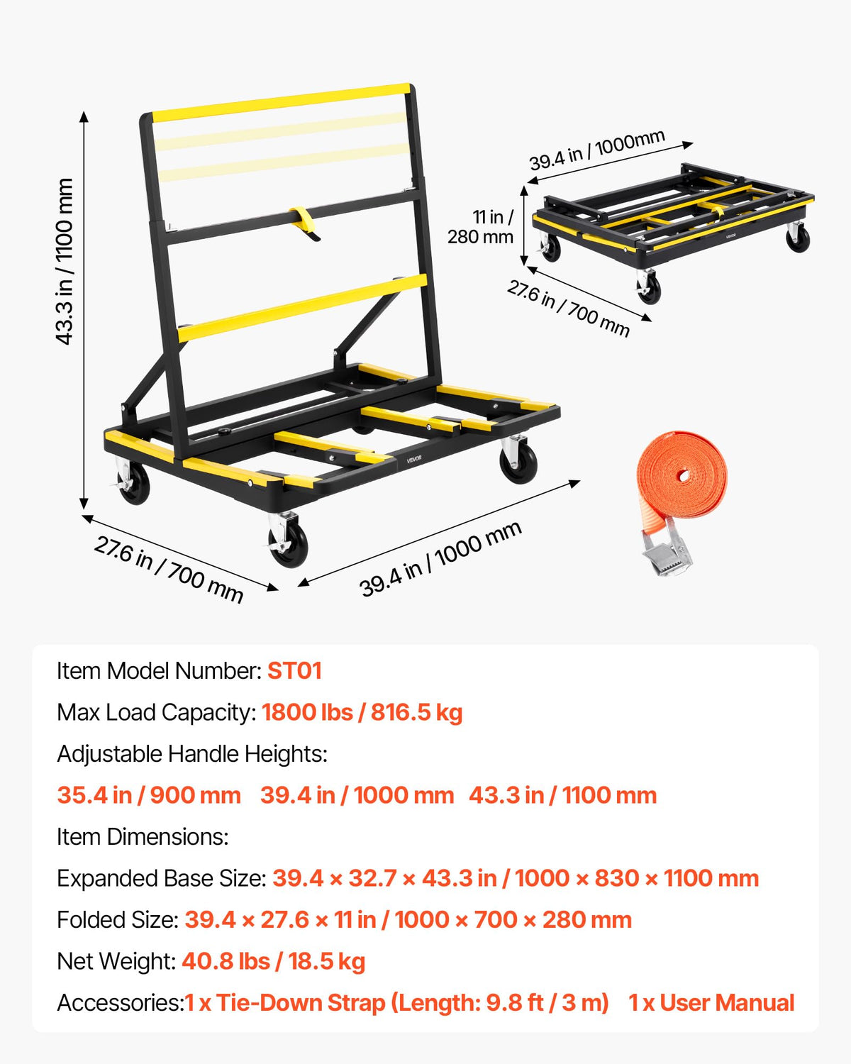 VEVOR Drywall Cart Dolly, 1800 lbs Load Capacity, Steel Panel Dolly with 4 Swivel Casters & Expandable Deck, Foldable Panel Truck Cart with Tie-Down Strap for Handling Plywood, Plasterboard, Glass
