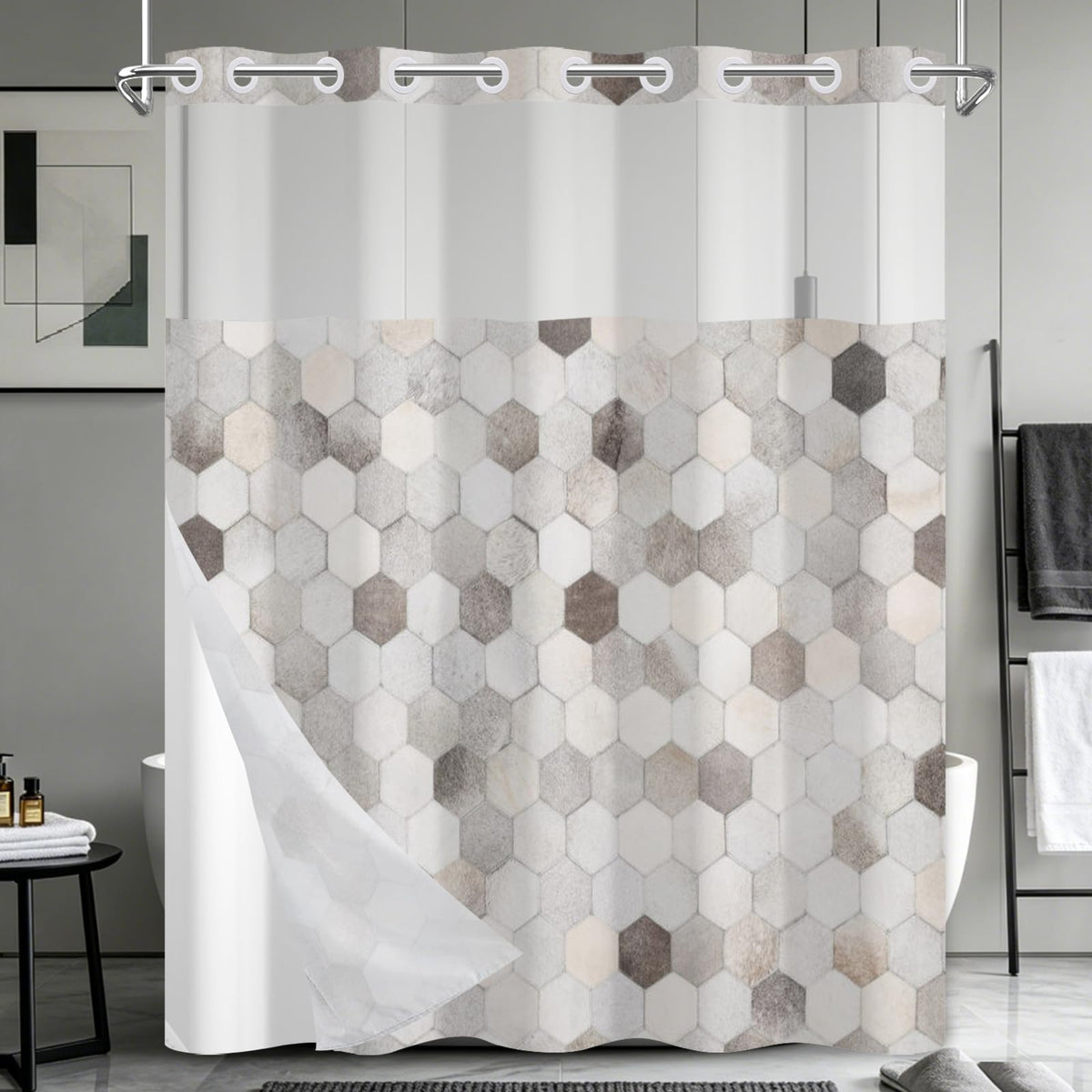 NAEMBCU No Hook Geometric Shower Curtain with Snap in Liner 71x74 Inch