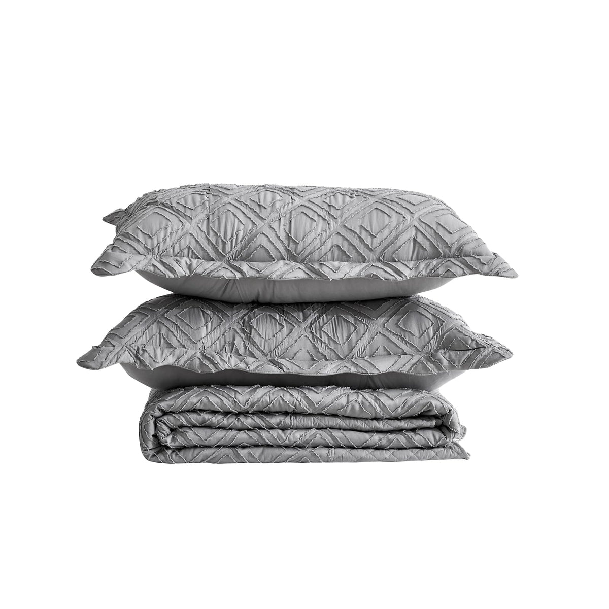 Blythease Oversized King Bedspread, Clipped Jacquard Diamond Quilt Set King/Cal King, Lightweight Tufted Reversible Coverlet, Scalloped Edge - Shabby Chic Boho Look, 3 Piece, Grey