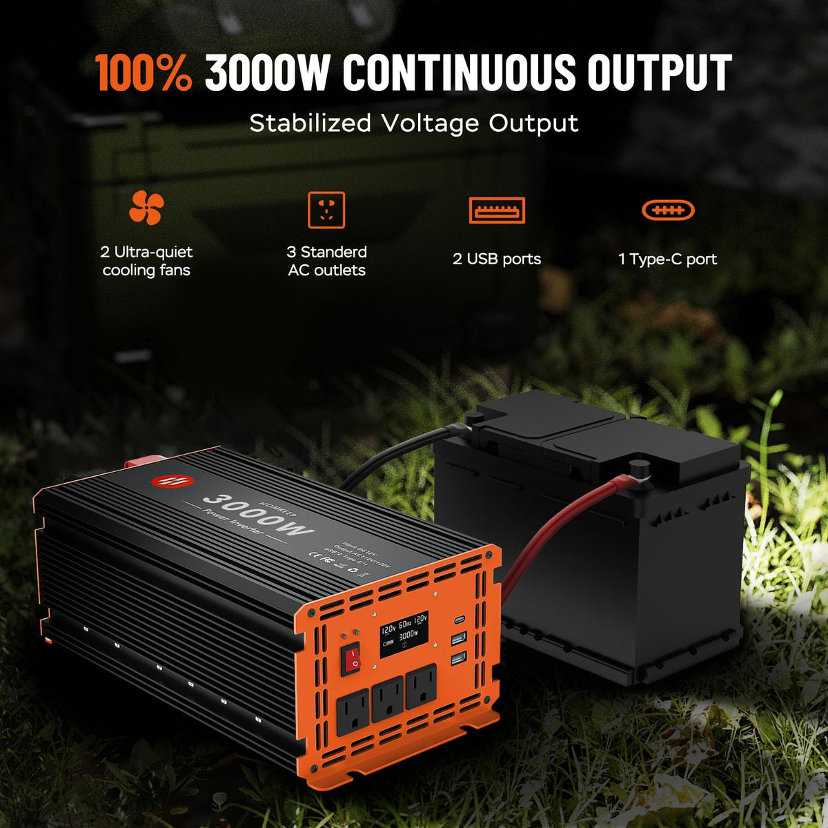 3000 Watt Power Inverter 12V DC to 110V/120V AC Converter Peak Power 6000W Car Inverter with LCD Display 3 AC Outlets, 2 USB & Type-C Port for RV,Truck,Off-Grid Solar System with Remote Controller