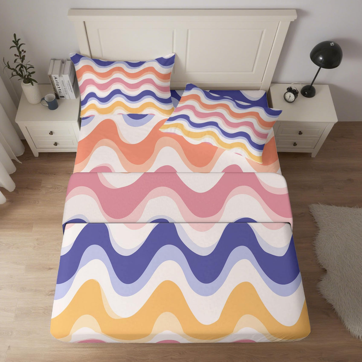 NOGAWA 70s Retro Sheets King, Abstract Waves Bed Sheets, Colorful Bedding Sheets, Soft Microfiber Deep Pocket Fitted Sheet, Flat Sheet, 2 Pillowcases