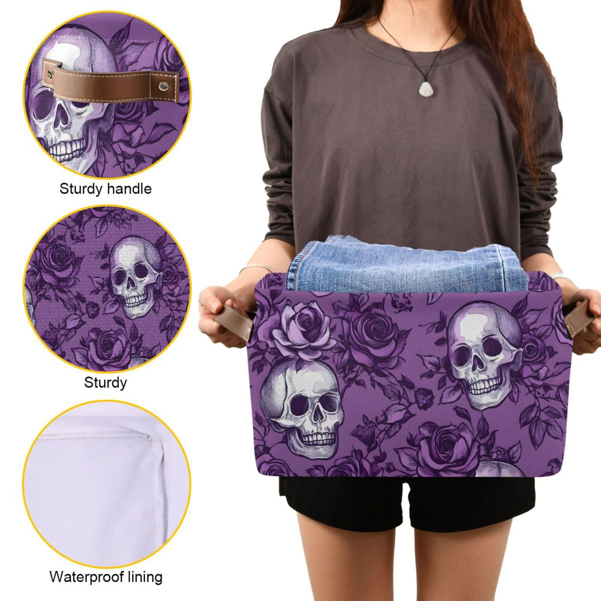 Purple Rose Skull Shelf Storage Baskets,Foldable Storage Bins with Handles,Rectangular Organizer Bin Gift Baskets Decor for Bedroom Home Office