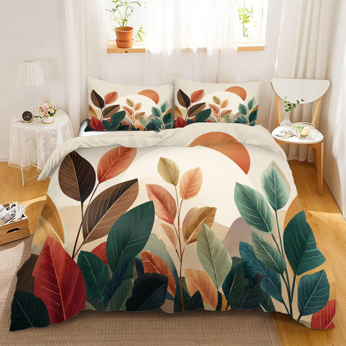 Boho Duvet Cover Set 3 Pieces California King, Mid Century Modern Abstract Botanical Sun and Leaves Bedding Set, Soft Microfiber Comforter Cover with 2 Pillow Shams