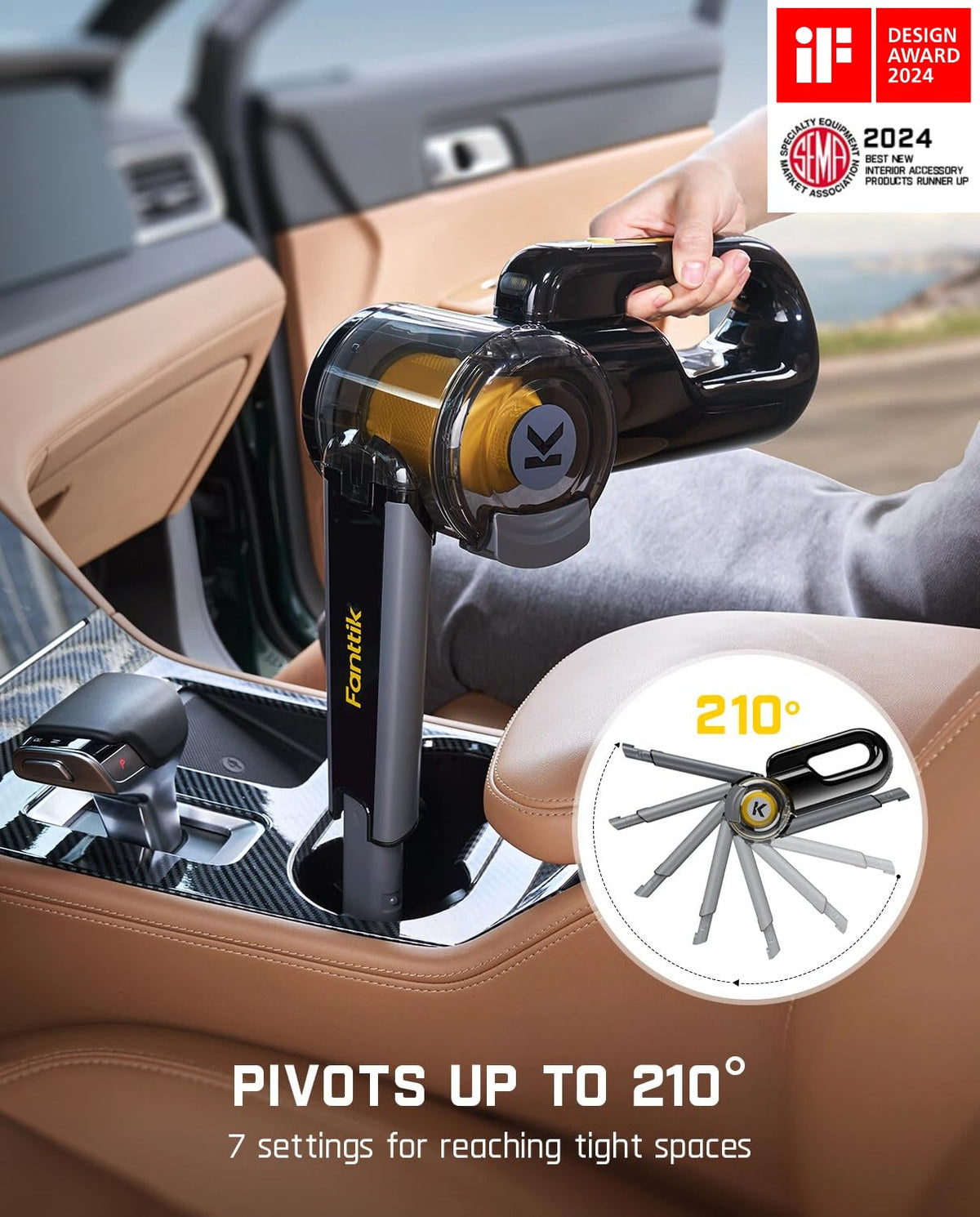 Fanttik Fold V10 APEX Pivot Cordless Car Vacuum, 17000Pa Handheld Vacuum Suction Power, Smart LED Display, Portable for Car Home Pet (Deluxe with Flexible Hose&Pet Brush)