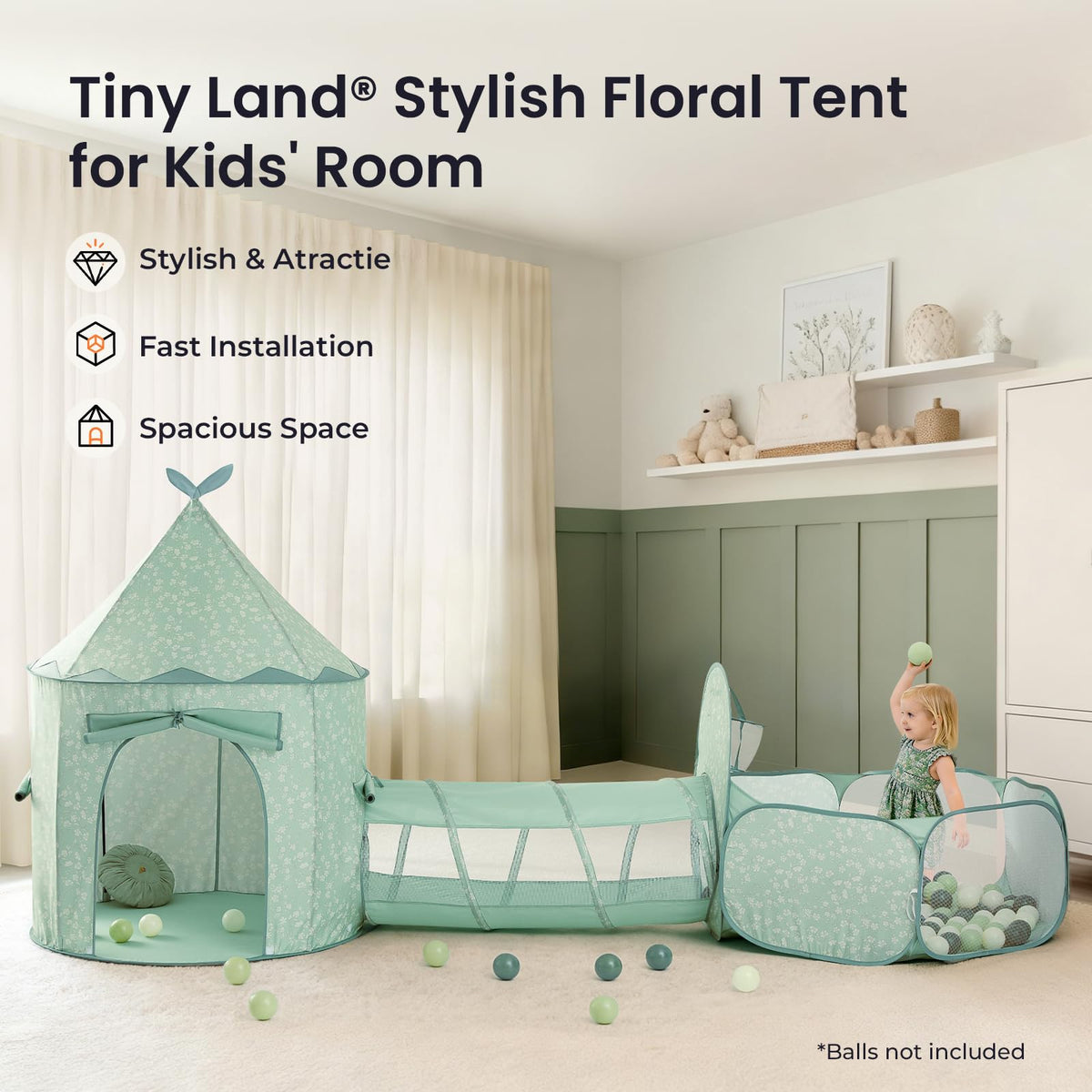 Tiny Land Kids Tent with Mat and Star Lights, 3-in-1 Kids Green Play Tunnel with Ball Pit & Tent