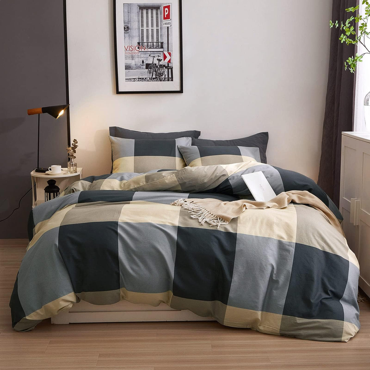 VM VOUGEMARKET Teens Boys Duvet Cover Queen,3 Pieces Black Gray Plaid Bedding Duvet Cover Set,100% Cotton Simple Modern Farmhouse Bedding Set Without Comforter-90x90,Checkered