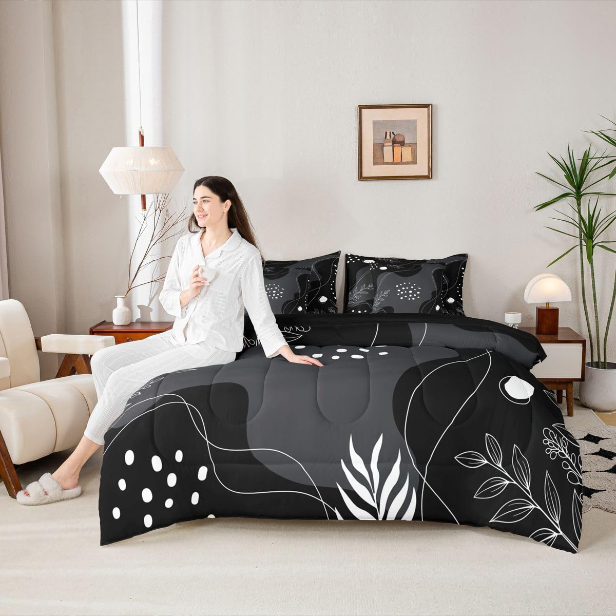 Erosebridal Mid Century Modern Comforter Set 7 Piece Bed in a Bag Twin Boho Black Grey Bedding Sets Simplistic Geometrical Comforter and Sheet Set, Geometric Lines Bed Sets
