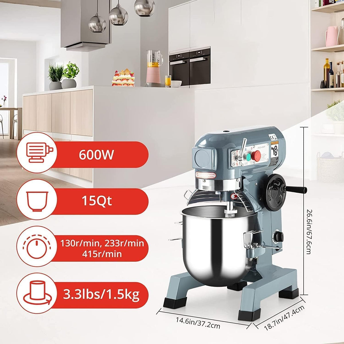 15 QT Commercial Stand Mixer 600W with 3 Speeds Adjustable, Electric Food Mixer with Stainless Steel Bowl Dough Hook and Beater, Commercial Food Mixer with Safety Guard for Bakery Restaurant Pizzeria