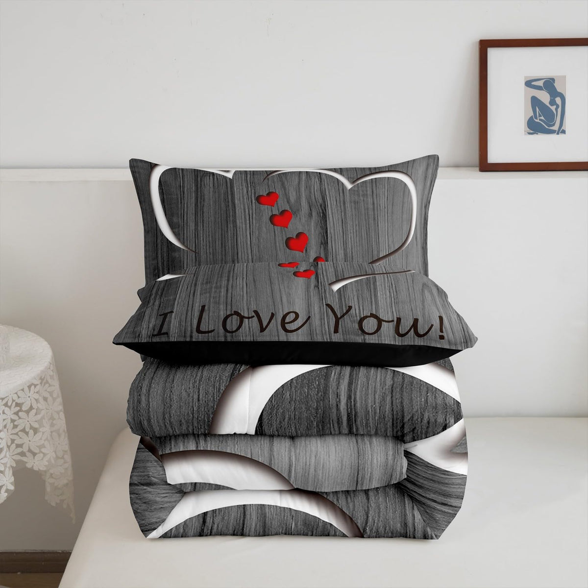 Erosebridal I Love You Bedding Queen,Simple Wooden Comforter Set,Romantic Valentine Gifts Down Comforter,Love Hearts Bedding Comforter Sets