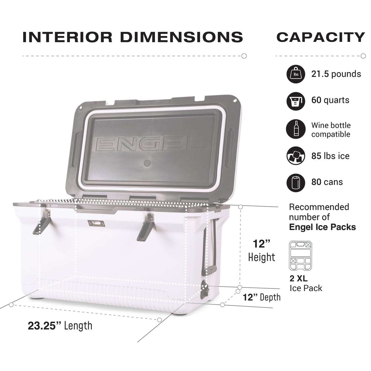 ENGEL 60 QT Ultra-Light Injection Molded Cooler - Ice Chest Keeps Ice up to 7 Days - Large Cooler Includes Wire Basket, Divider and Built-in Bottle Opener - Gray with Dark Grey Interior (Haze Grey)