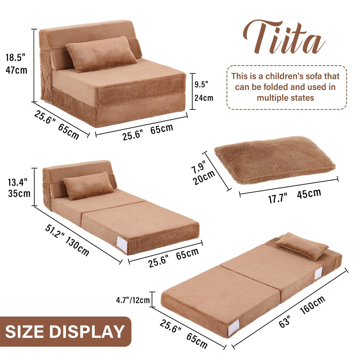 Tiita Convertible Folding Kids Sofa Bed with Pillow & Storage Bag, Plush Fabric Floor Mattress Couch Bed, Washable Cover, Kids Room, Playroom, Dorm, Apartment, Brown