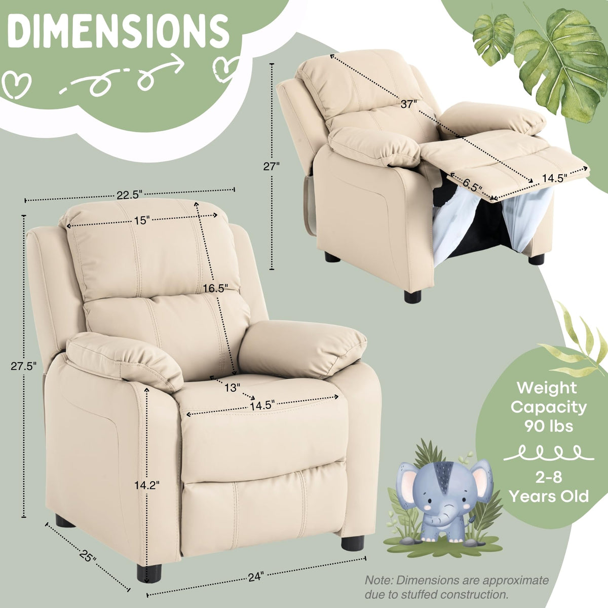 Kids Recliner Chair Storage Arms Reclining Toddler Push Back Sofa Ages 2-8