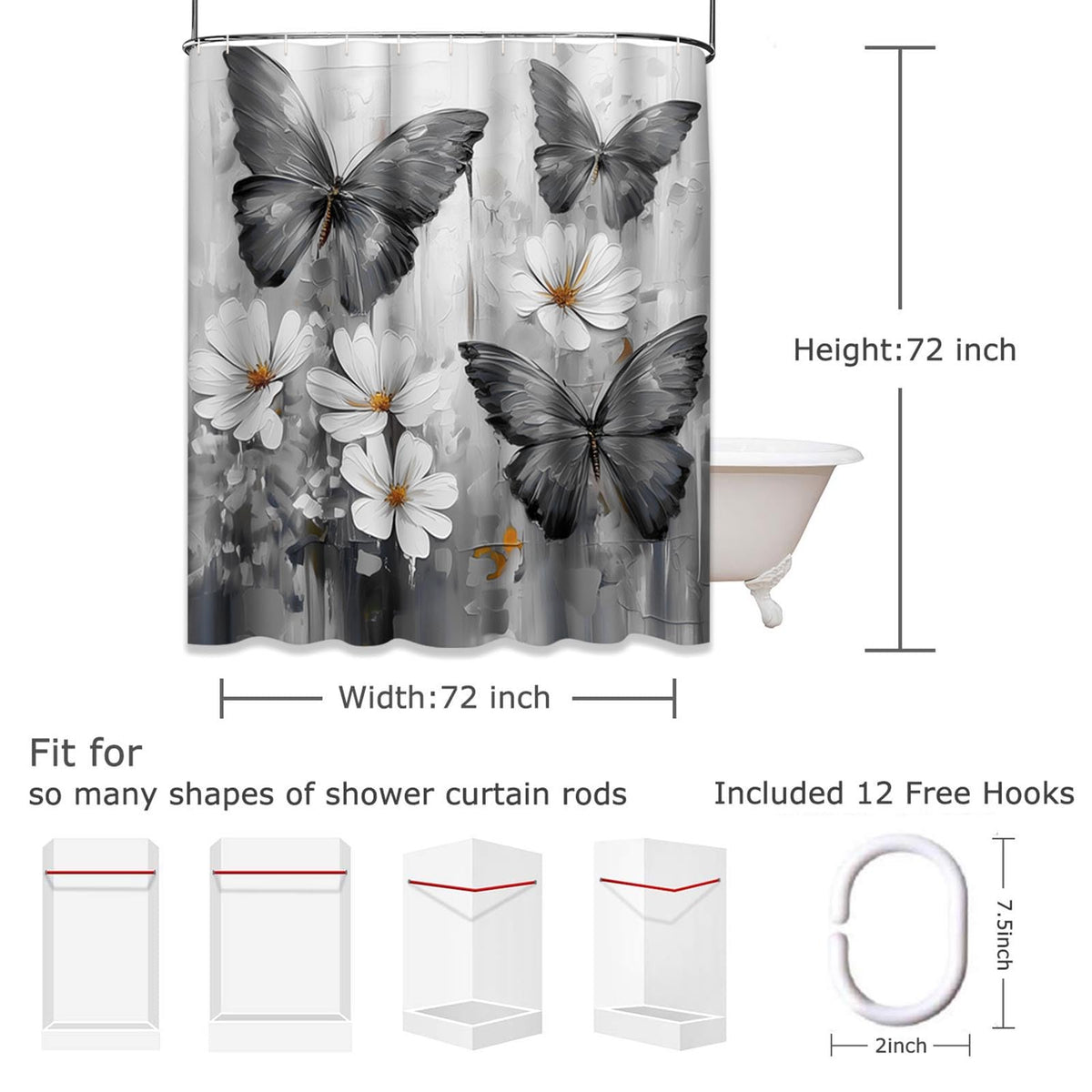 Emvency Shower Curtain Tropical Morpho Butterflies Daisy Flowers Black Bathroom Home Decor Waterproof Polyester Fabric 72 x 72 inches Set with Hooks