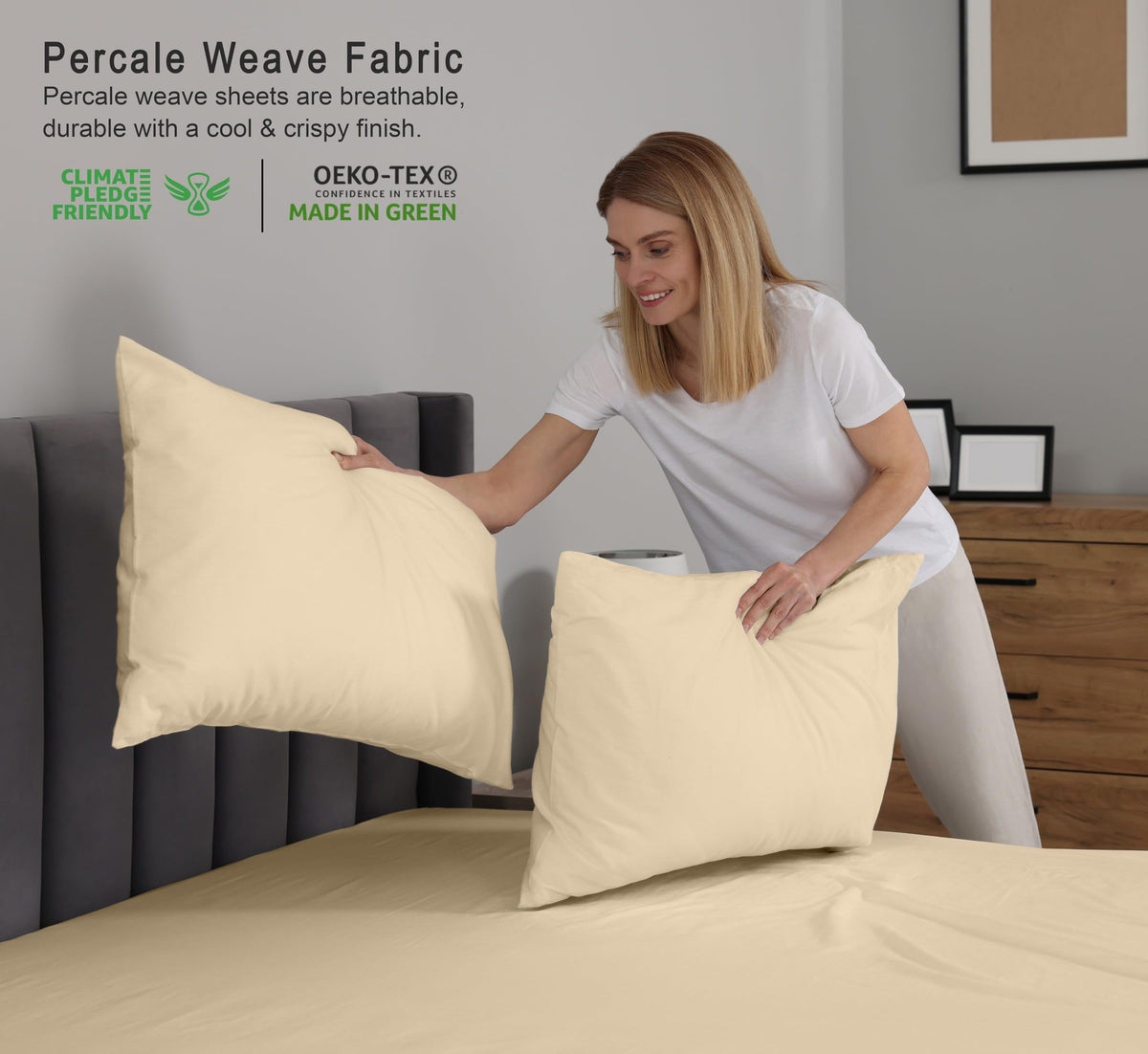 RUVANTI 100% Cotton Percale Sheets King Size – Crisp Cooling Bed Sheets for Hot Sleepers, Deep Pocket 16”, Soft Breathable & Durable Hotel-Style 4 Piece Set, Beige