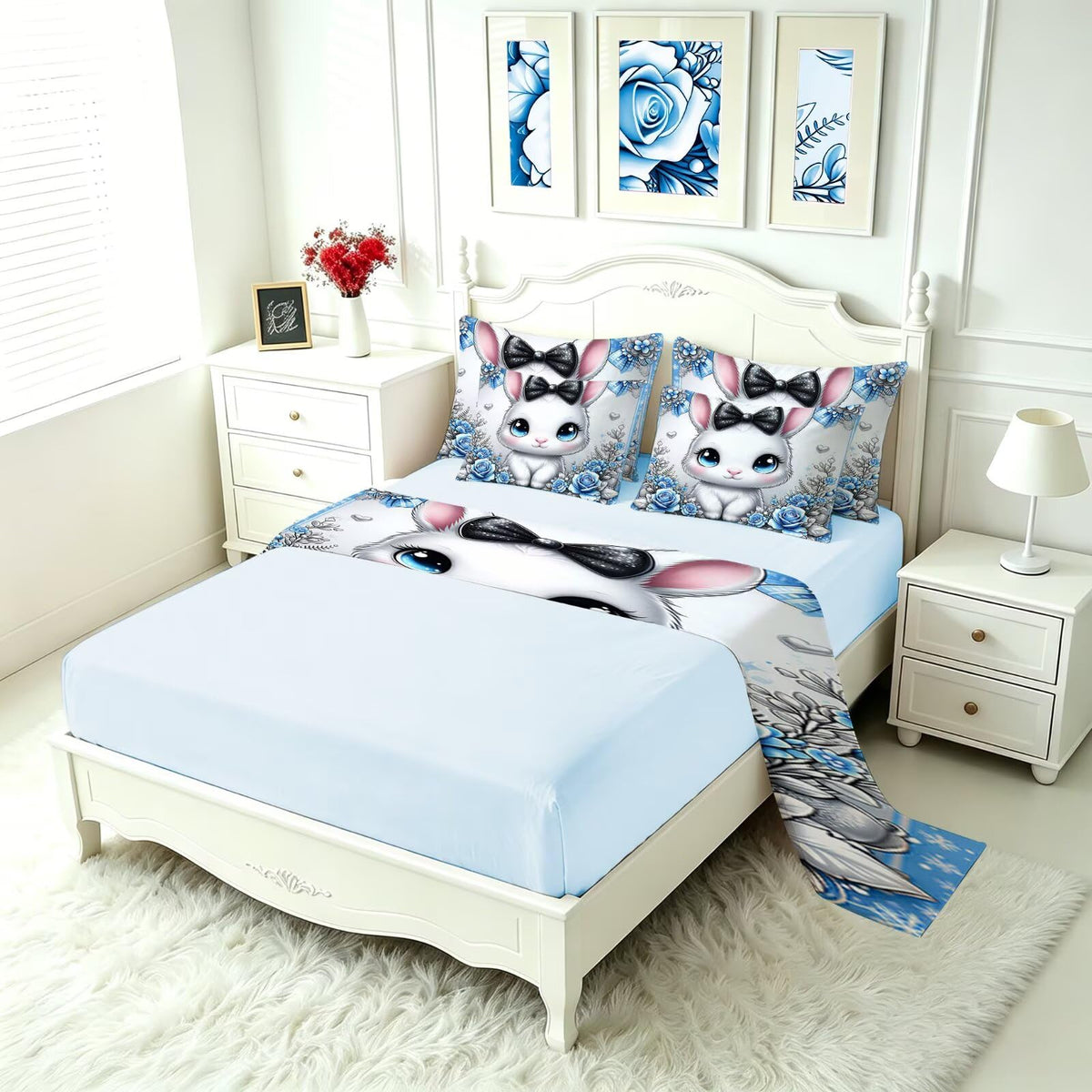 FUYEUN Rabbit King Comforter Set with Sheets for Kids Boys Girls Print 7 Pieces Cute Bedding Set Blue Cartoon Animal Bed in a Bag Princess Room Decor