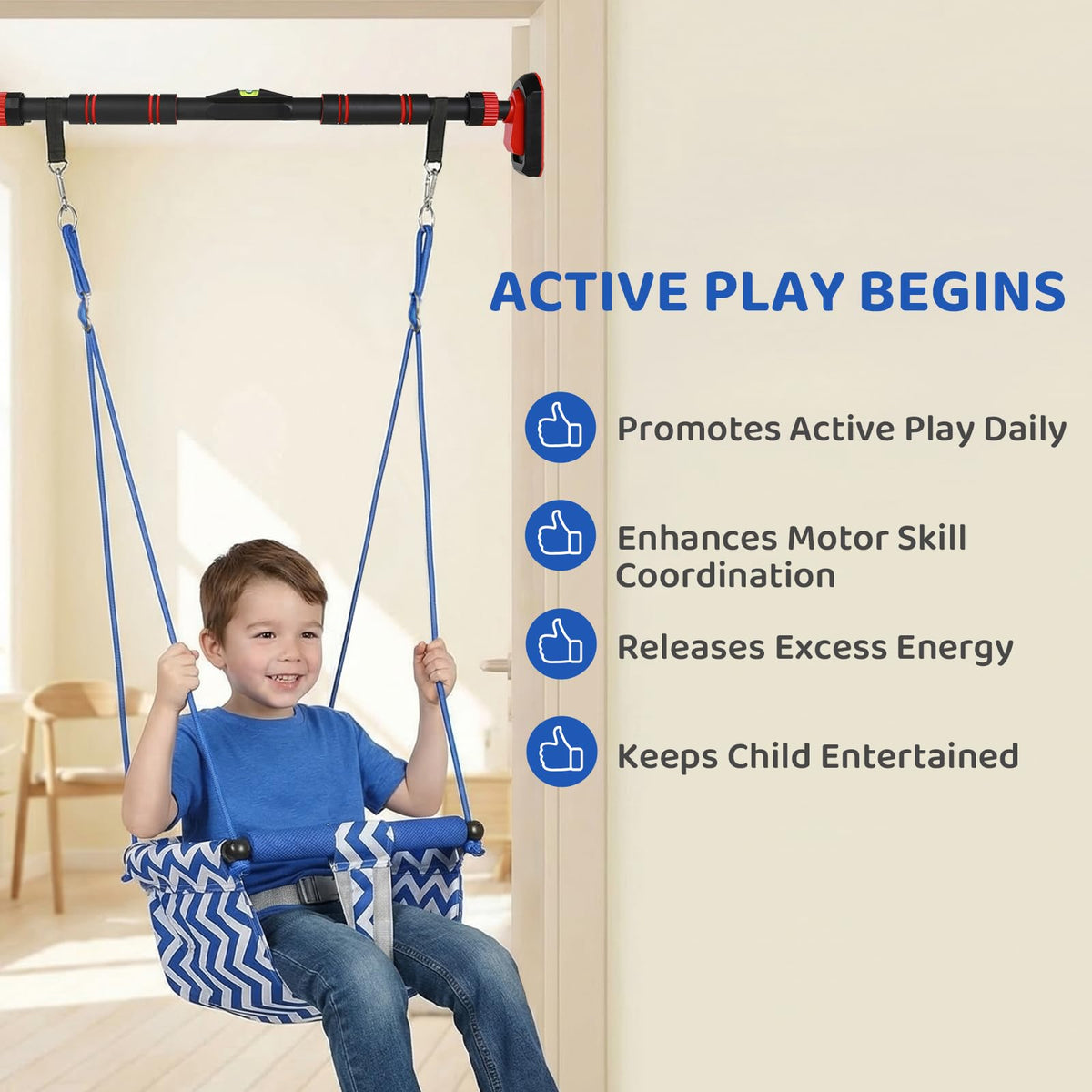 Slevoo Kids Doorway Jumper Swing with Pull-Up Bar Gym, 4-in-1 Indoor Playground Set, Fits 28"-37" Hallway Doorway Exercise & Play Equipment for Toddlers & Kids