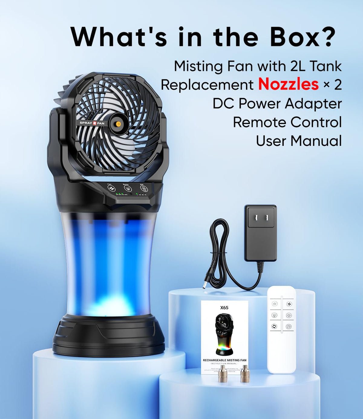 Misting Fan for Outside, 30,000mAh Rechargeable Mister Fan with Remote & RGB Lights, 2L Tank & 2 Extra Nozzles, 4 Speeds Mist Modes for Extreme Cooling Effect, Ideal for Camping, Patio, Backyard