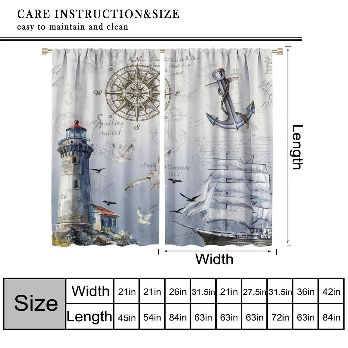 Nautical Curtains for Kitchen Vintage Blue Ocean Beach Retro Sailboat Map Rustic Lighthouse Compass Scene Print Windows Treatments for Kids Boys Bedroom Living Room Bathroom 42x44.5In（No Blackout）