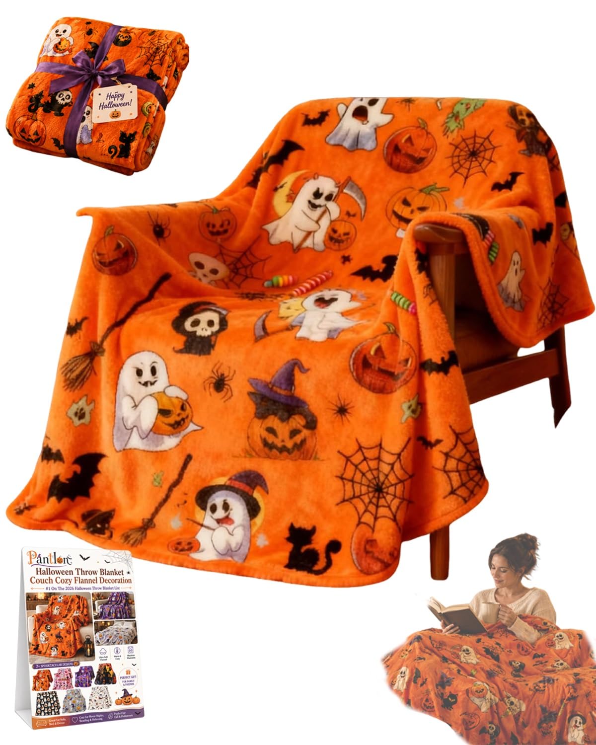 Halloween Throw Blanket Couch Cozy Flannel Decoration for Party Bed Soft Flannel Ghost Blanket Halloween Harvest Gifts Horror Ghost Bat Pumpkin(Model1,60x80in)