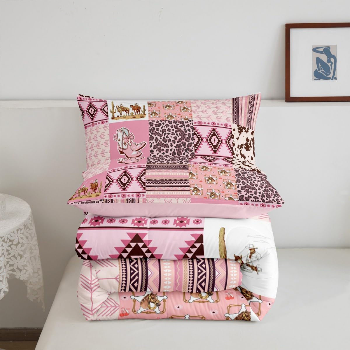 Feelyou Pink Aztec Bedding Set Queen Size, Kids Western Decor Comforter Set Wild West Cowboy Cowgirl Comforter Boho Style Duvet Insert Bed Set 3Pcs
