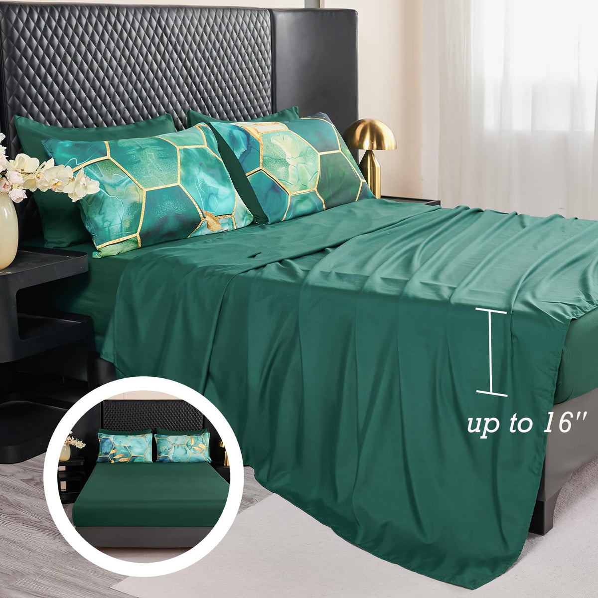 ANGIYUIN 7 Pieces Turquoise Gold Marble Comforter Set Queen Watercolor Printed Bedding Comforter Set Luxury Gold Trim Bed Set Hexagon Honeycomb Bed in A Bag with Sheets(Queen Teal Green)