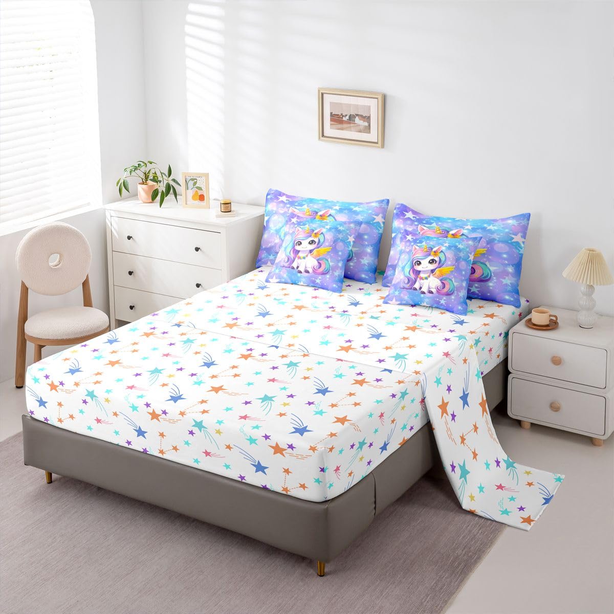 Feelyou Girls Cute Unicorn Comforter Set with Sheets 7 Piece Twin Size Glitter Bed in a Bag Kids Boys Girls Princess Decor Bedding Set Cute Animal Bedroom Decor Breathable Soft Lightweight Microfiber