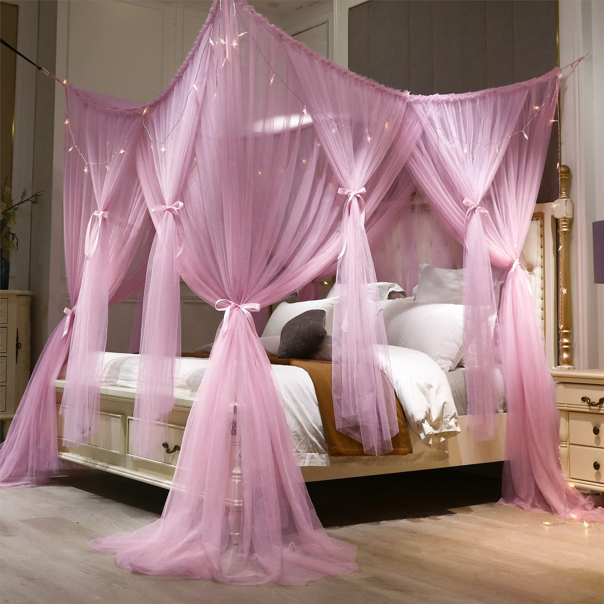 VETHIN 4 Corners Post Princess Bed Canopy Curtain Double Layer Cozy Drape Netting 4 Opening Mosquito Net for Girls & Adults Bedroom Decoration Accessories (Double Pink, 78" W*86" L*82"*H/(King))