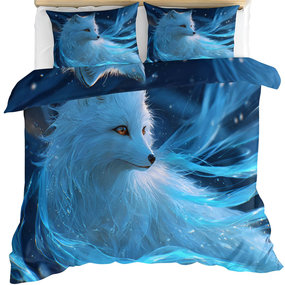 ZAOMIR White Fox Print Duvet Cover Set 3Pcs Reversible Soft Microfiber Fantasy Animal Bedding Set Twin Size Starry Animal Comforter Cover with 2 Pillowcases