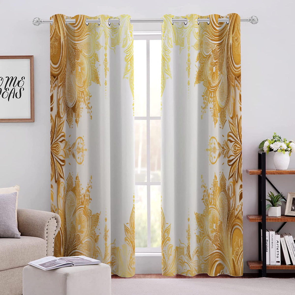 Golden Elegant Flowers Blackout Curtains, Warm Bright Texture 3D Print Grommet Drapes, Window Curtain Set of 2 Panels, Thermal Insulated Energy Saving Drapes for Living Room(42" W x 63 "L)